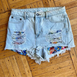 LITZ Boutique Women's Jean‎ Shorts, High Rise Ripped Floral Pocket Denim